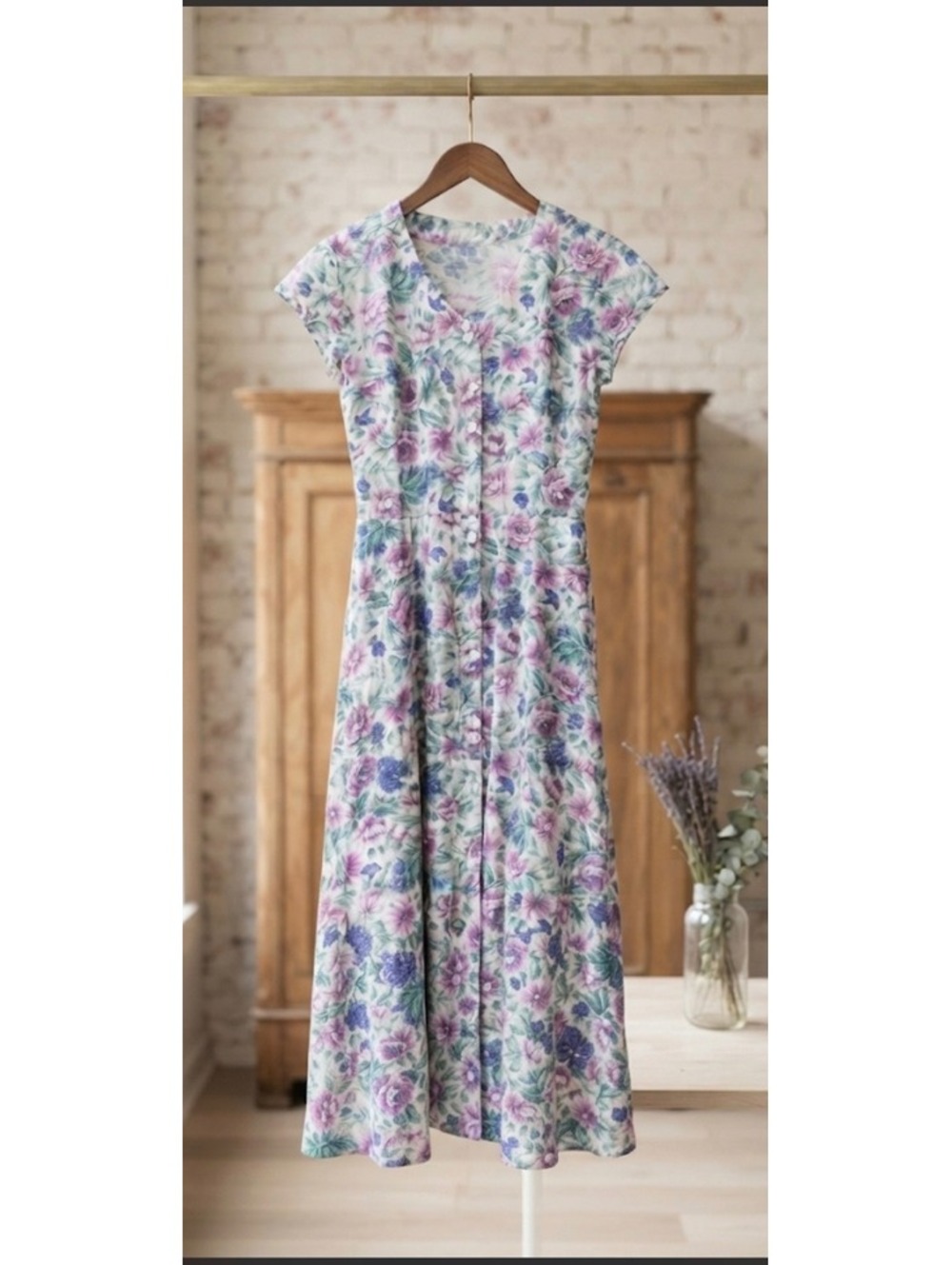 Vintage Floral handmade button down midi tea length small Dress
